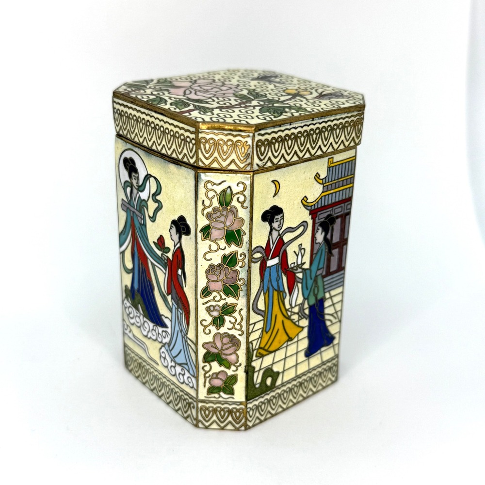Vintage Cloisonne Trinket‎ Box Asian Ladies Floral Octagon enamel Butterfly